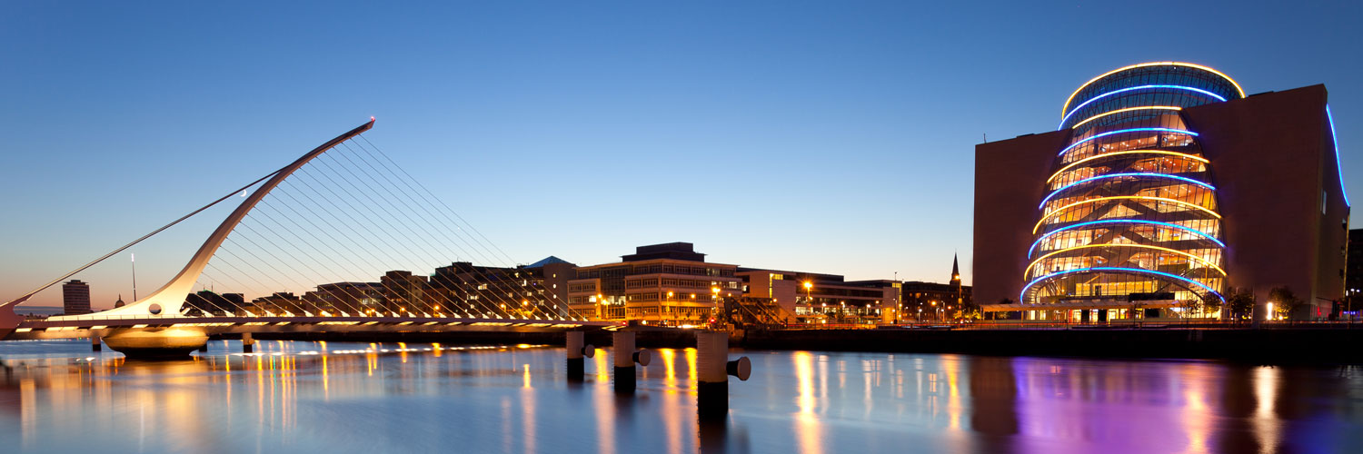 Dublins river liffey and the samuel beckett bridge with the conference hall